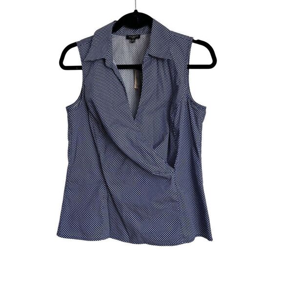 Talbots Top Womens Size 8P Blue White Polka Dot Cotton Wrap Collared Tank NWT - Picture 1 of 8